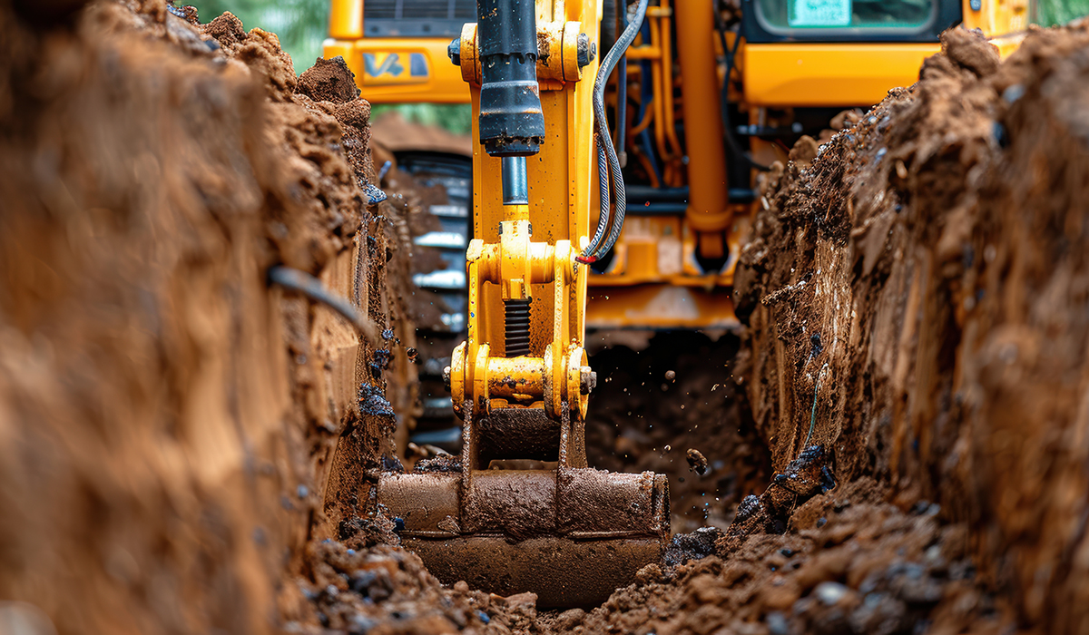 Industrial Trenching Machine Excavating Deep Trench in Construct