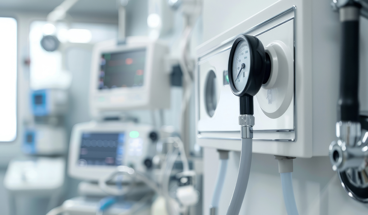 Close-up of various medical equipment and monitors in a bright, modern hospital setting